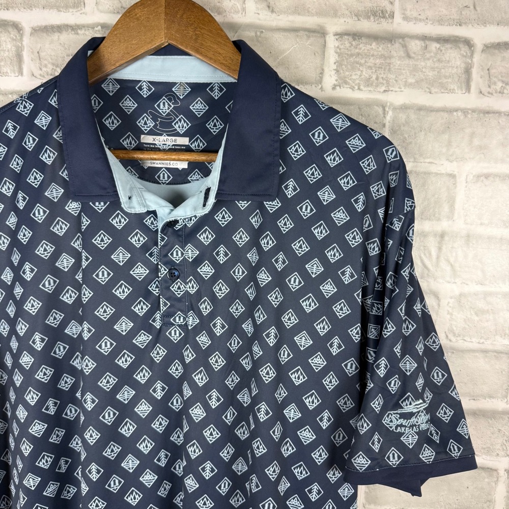 Swannies Mens XL Golf Polo Shirt Navy Blue Geometric Tree Print South Shore GC